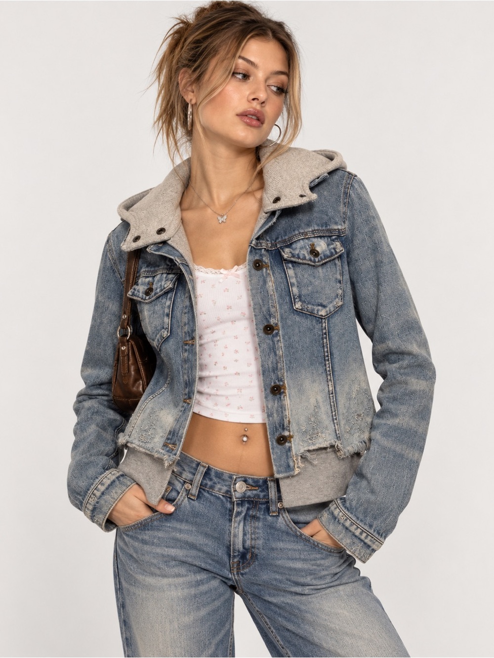 Free People Distressed Denim Hoodie Jacket Layered Sweatshirt Size XS